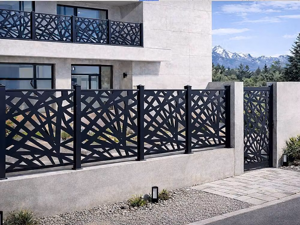 Vente-unique Laser-Cut Aluminium Swing Gate with Geometric Pattern in Grey, W: 103 cm, H: 181 cm – 4