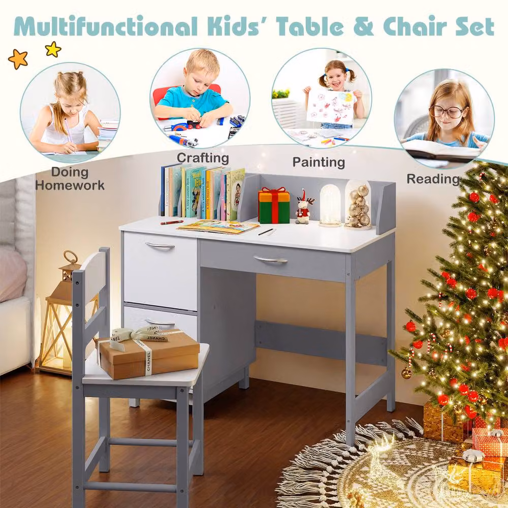Costway Kids Wooden Study Desk and Chair Set in Grey – 5