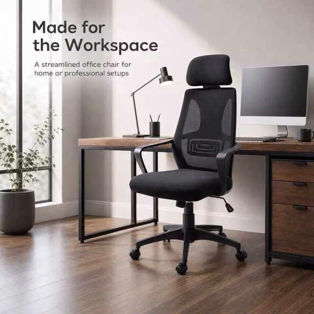 STILVORA Black Fabric Mesh Office Task Chair with Headrest, Armrests and Swivel Function, H 126 x W 120 x D 64 cm – 1