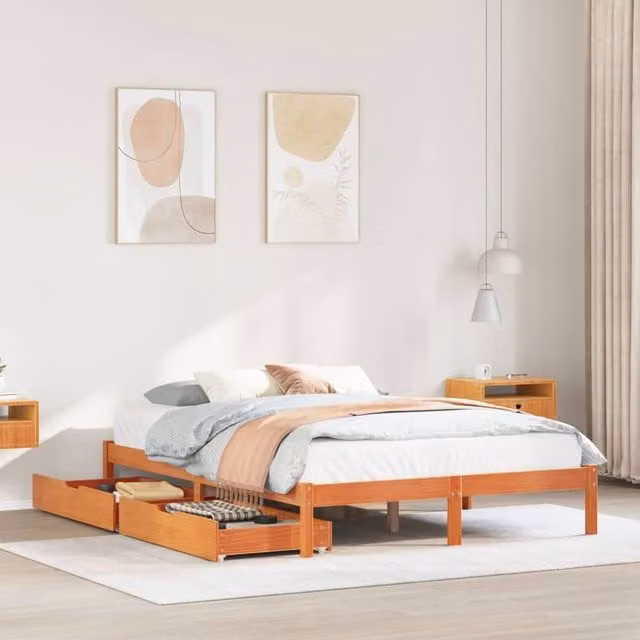 Berkfield Home King Size Solid Wood Pine Bed Frame with Drawers, Wax Brown, W: 150 cm, D: 200 cm