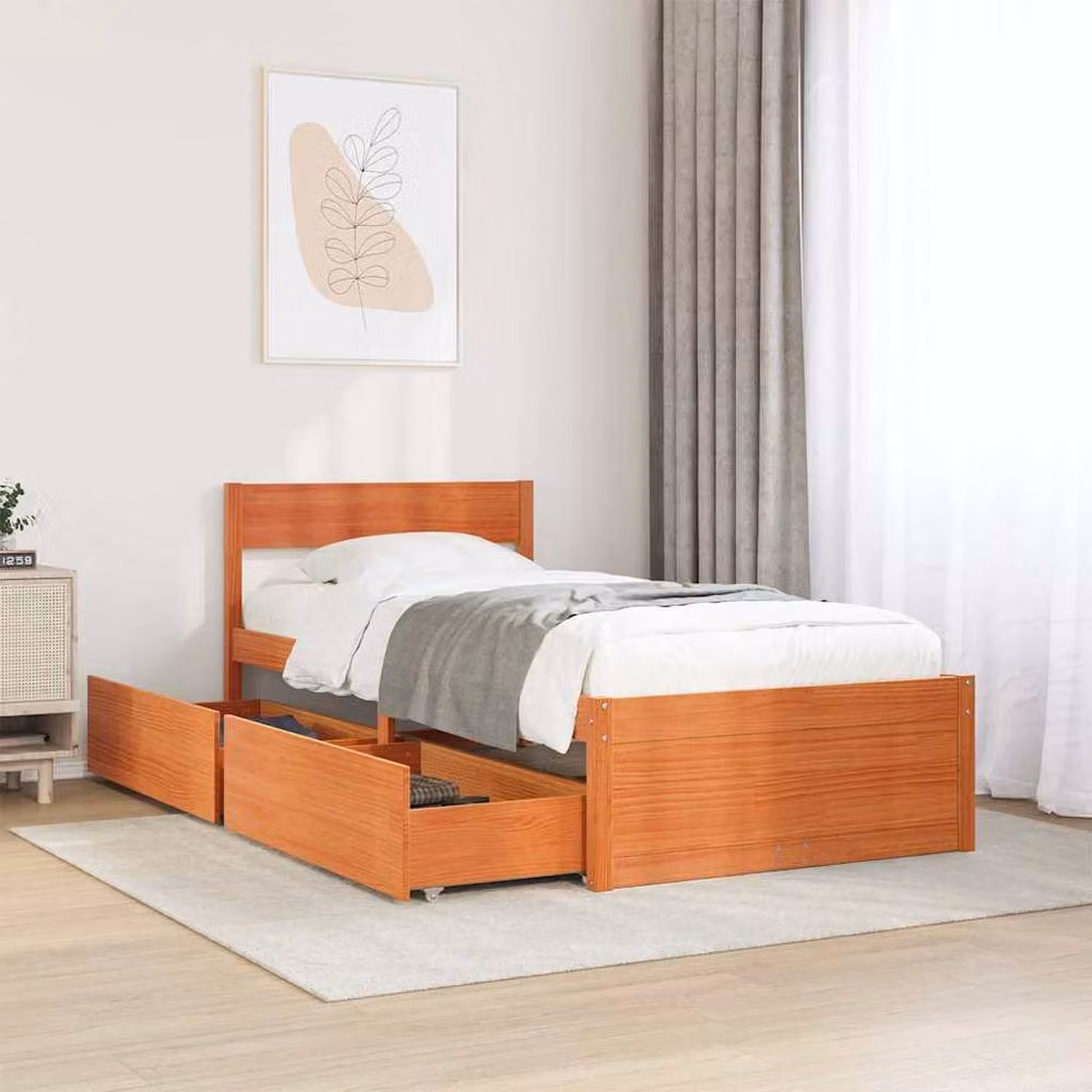 Berkfield Home Modern Small Single Solid Wood Bed Frame with Drawers, Waxed Brown, W/D/H: 75 x 190 x 80.5 cm – 2