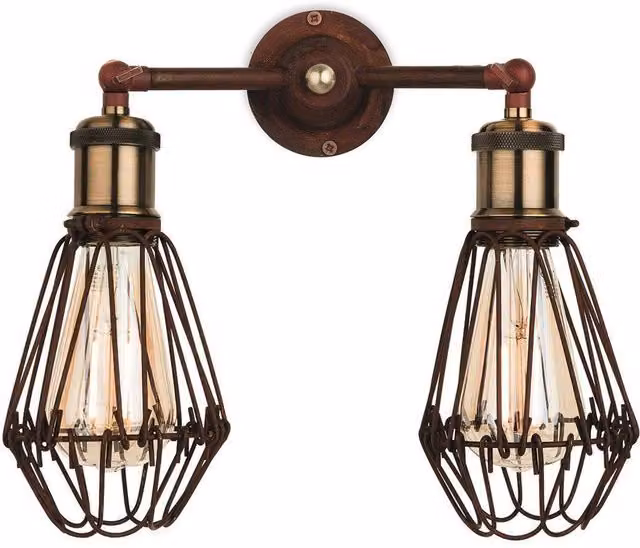 Firstlight Arcade Industrial 2 Light Metal Wall Cage Lantern in Brown and Grey with E27 Fitting