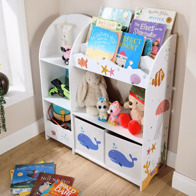 Home Source Childrens Maritime Design Bookcase and Toy Organiser in White and Multicolour