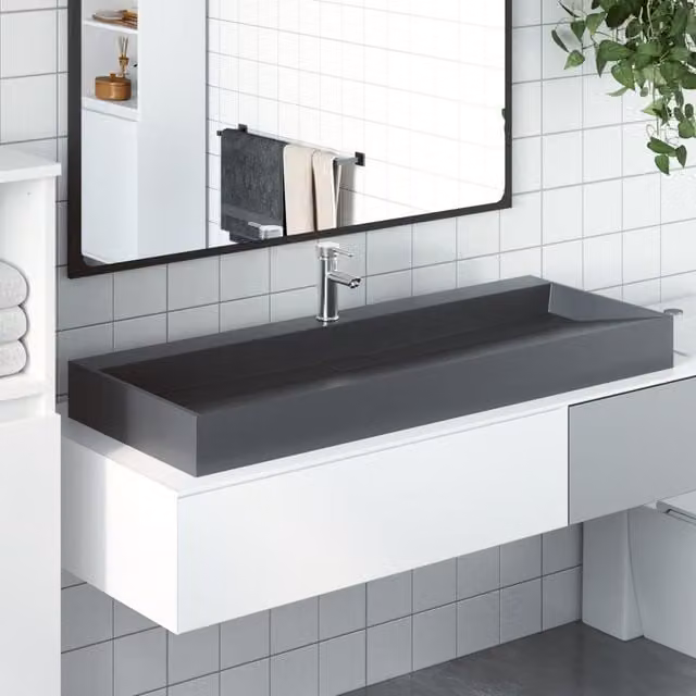 Berkfield Home Rectangular Mineral Cast Countertop Wash Basin in Anthracite Black, W/D/H: 120 x 46 x 11 cm