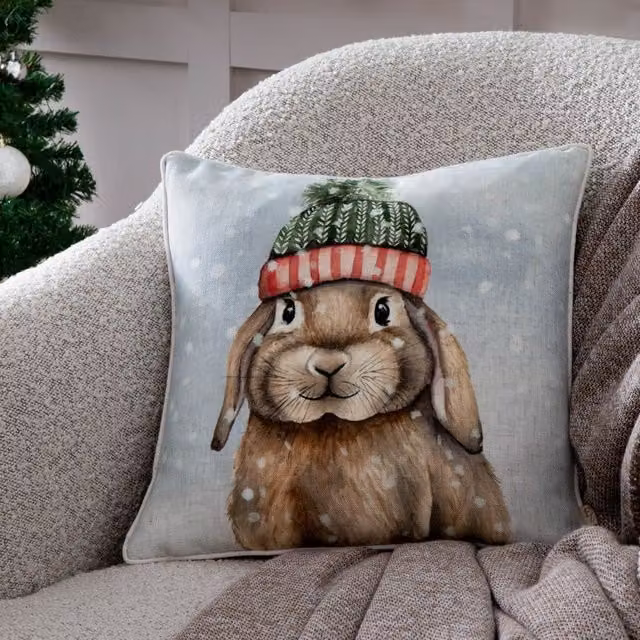 Evans Lichfield Winter Rabbit Printed Velvet Cushion, Multicolour, W/D/H: 43 x 43 x 43 cm