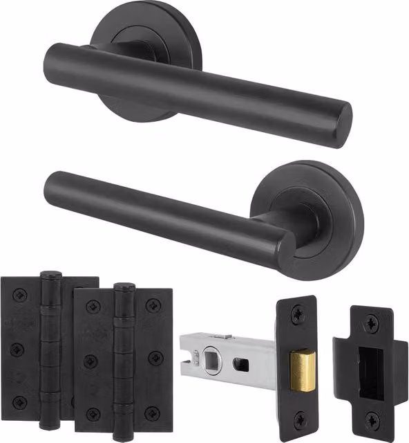 AFIT Black T-Bar Door Handles with Round Rose, Latch and Hinges, 1 Pair, W/D/H: 15 x 15 x 1.5 cm – 1