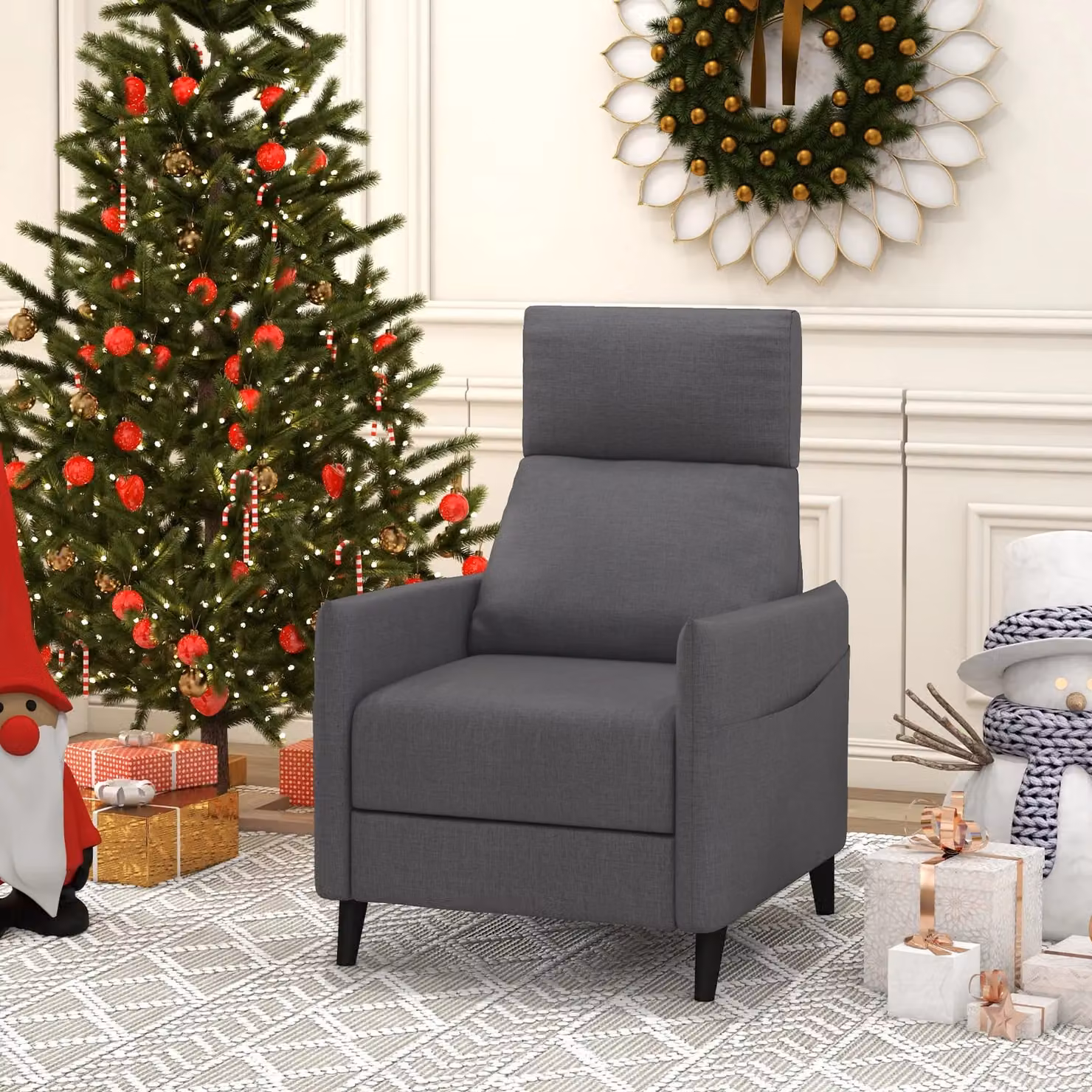 Gymax Grey Linen Fabric Recliner Push Back Armchair with Metal Frame – 4