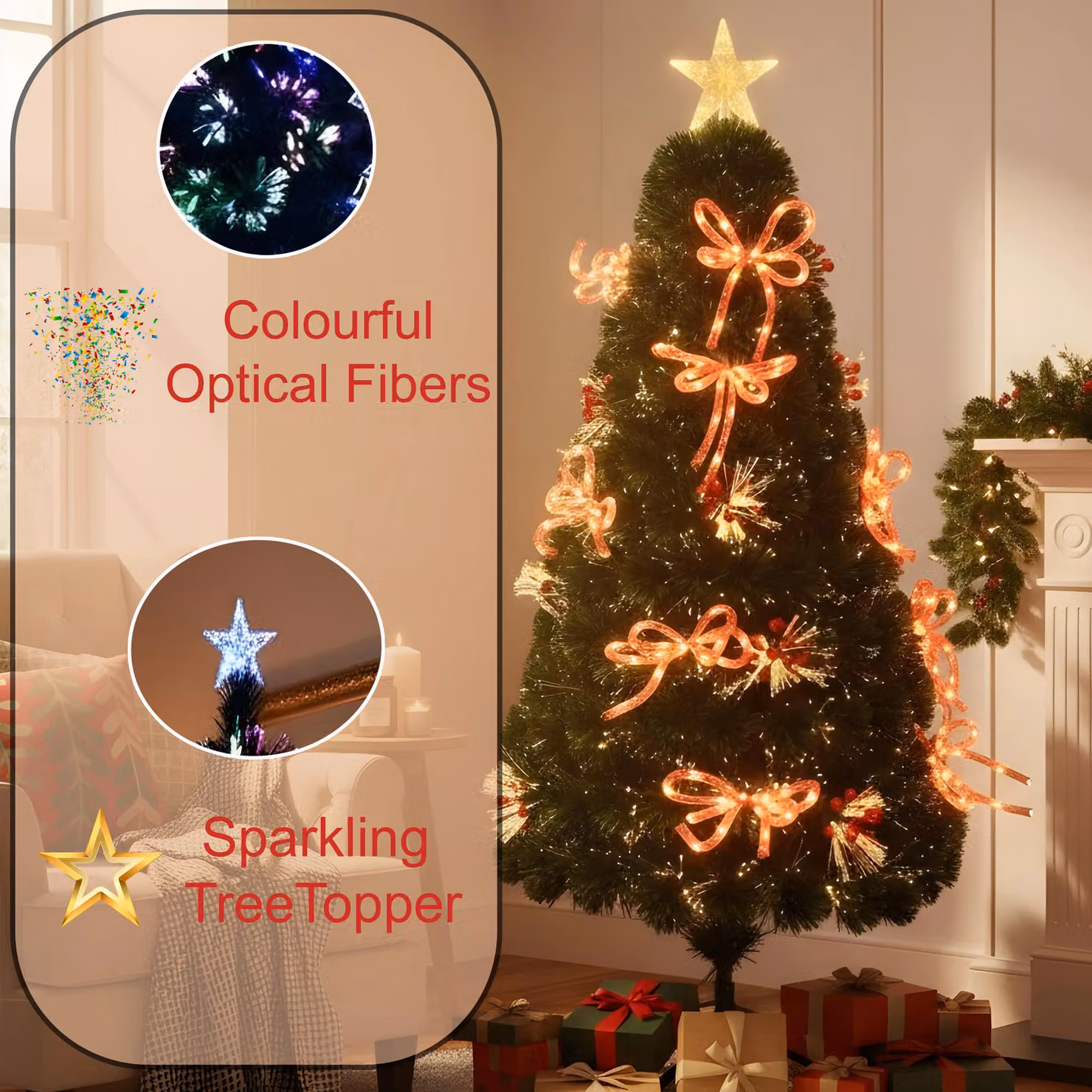 Shatchi Green Pre-Lit Artificial Christmas Tree with Fibre Optic Star Topper and Ribbon Bows, Height: 152.4 cm – 5