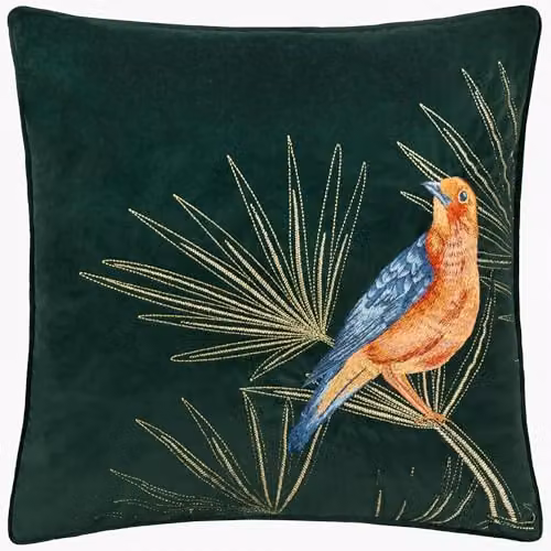 Paoletti Odisha Exotic Bird Embroidered Velvet Cushion in Green, W/D/H: 45 x 45 x 45 cm