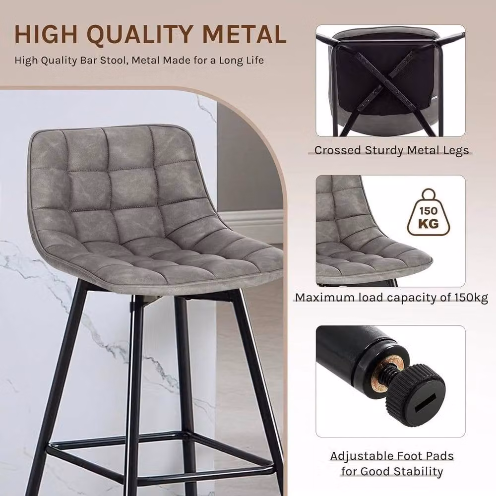 FORGEVIO Set of 2 Modern Dark Grey Synthetic Leather and Metal Bar Stools for Kitchen and Pubs – 2