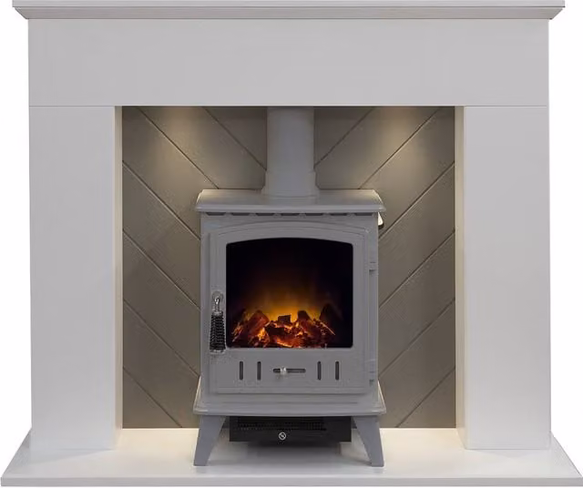 Adam Fires & Fireplaces Corinth Electric Fireplace in White and Grey with Aviemore Stove in Grey, Width: 121.92 cm