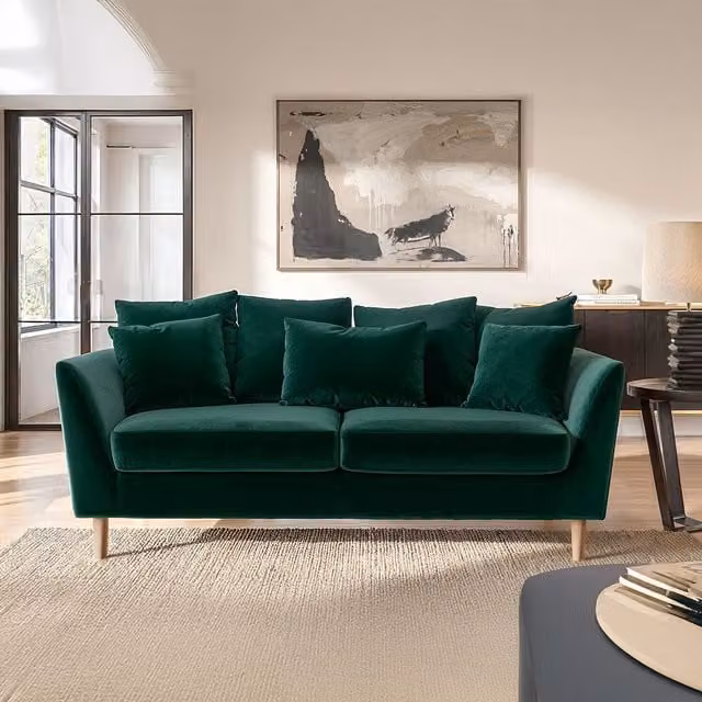 SolaceCo Avery 3 Seater Scatter Back Sofa in Green Velvet Fabric with Included Scatter Cushions