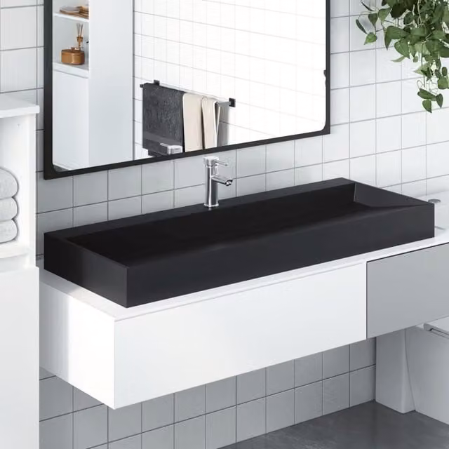 Berkfield Home Rectangular Mineral Cast Countertop Wash Basin in Matt Black, W/D/H: 120 x 46 x 11 cm – 1