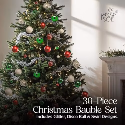 Pelle & Sol 36-Piece Shatterproof Christmas Bauble Set in Red, Green and Gold – 3