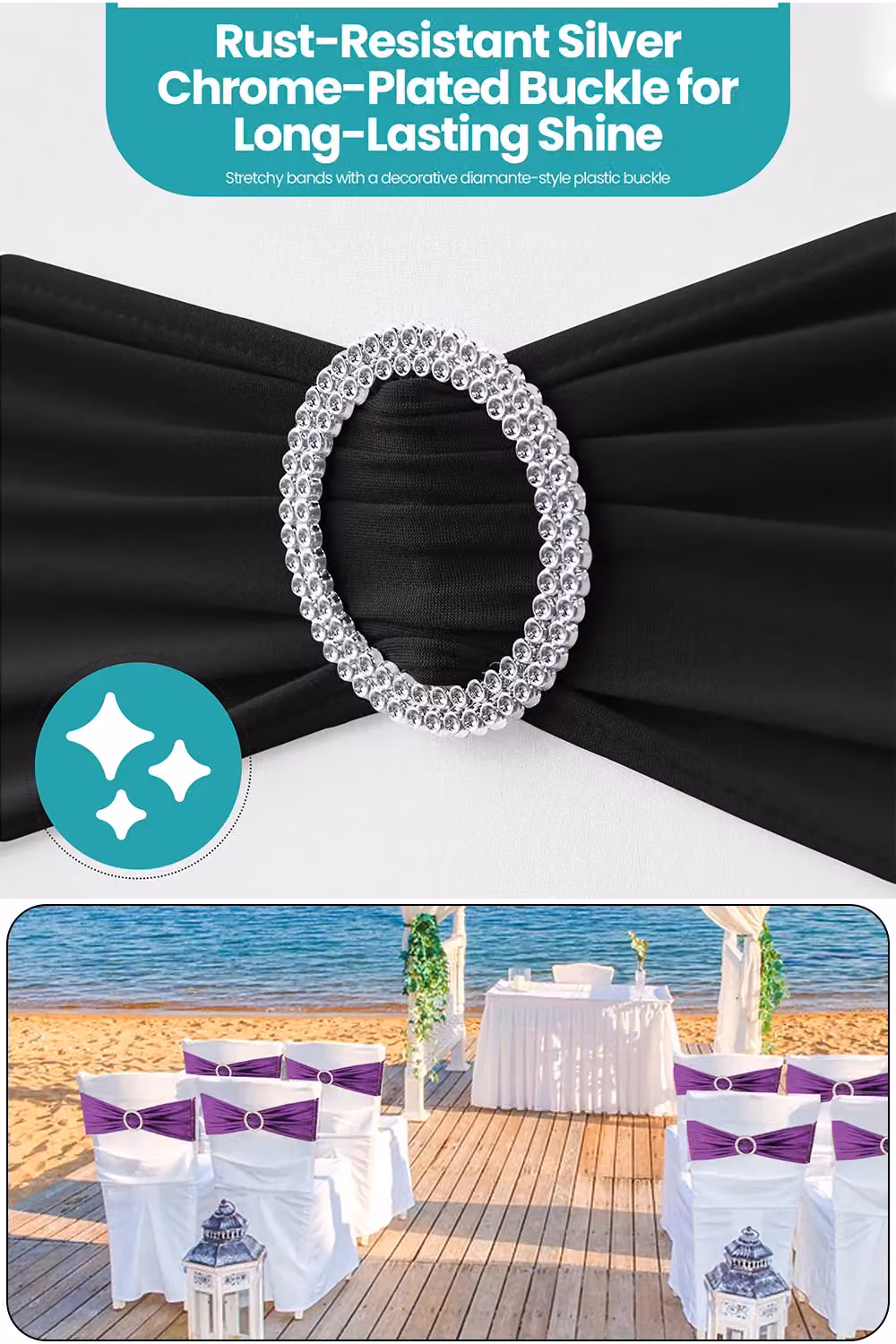 Neel Blue Spandex Chair Bands with Slider Buckle, 10-Piece Black Elastic Chair Sashes for Dining Chairs – 3