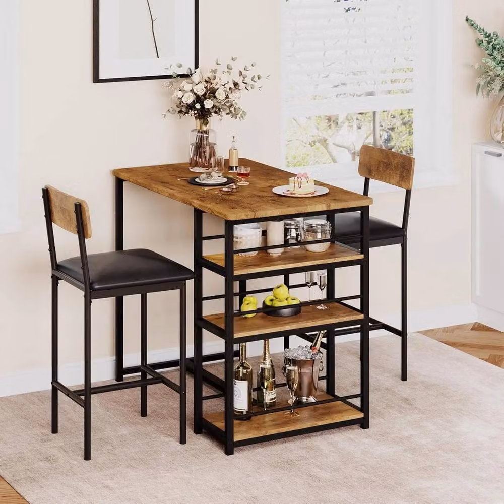 VOGREX Industrial Dining Set with Rectangular Bar Table and Two Upholstered Chairs in Brown and Multicolour – 3
