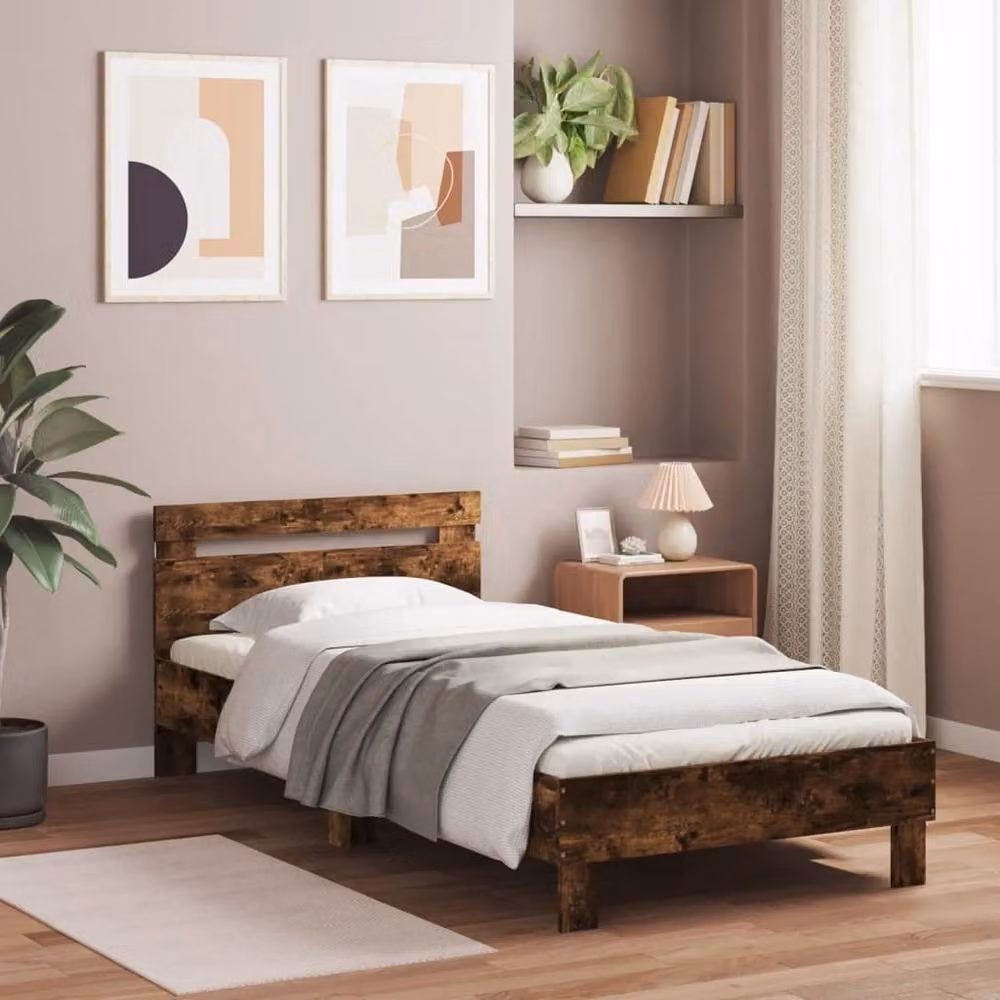 Berkfield Home Modern Bed Frame with LED Lights and USB Charging Port, Smoked Oak, Brown, W: 100 cm, D: 200 cm – 2