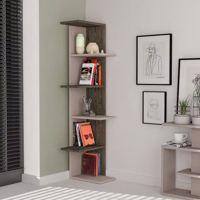 Decortie Saso Wall Mounted Corner Bookcase Display Unit in Mocha Grey and Dark Coffee