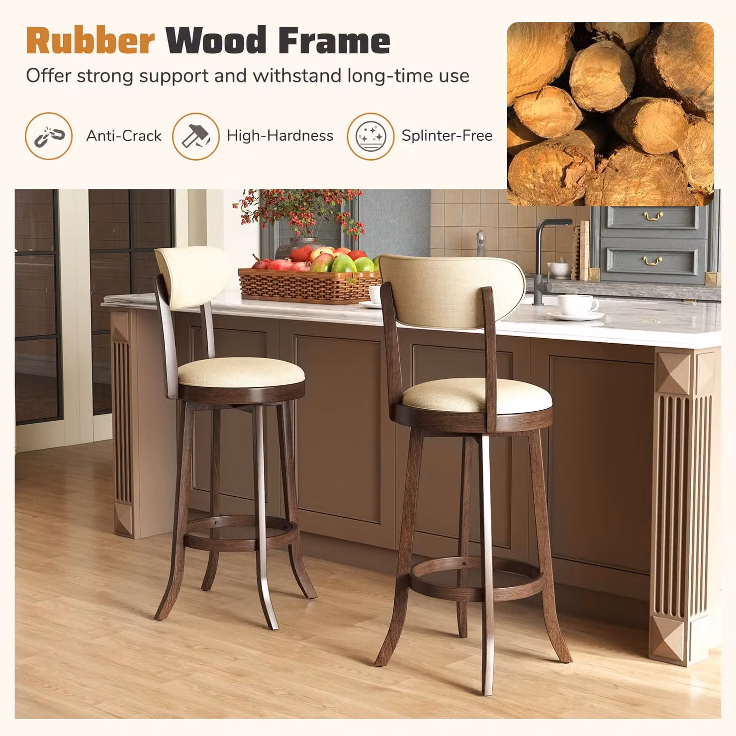 Costway Set of 2 Beige Swivel Counter Height Stools with Fabric Upholstery and Rubberwood Legs – 6