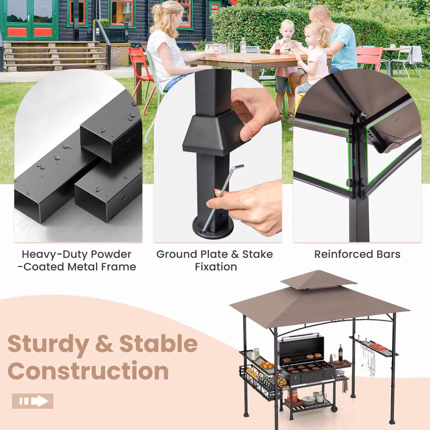 Gymax Outdoor BBQ Canopy Tent Gazebo with 2 Side Shelves, Brown, W: 242 cm, D: 153 cm, H: 250 cm – 6