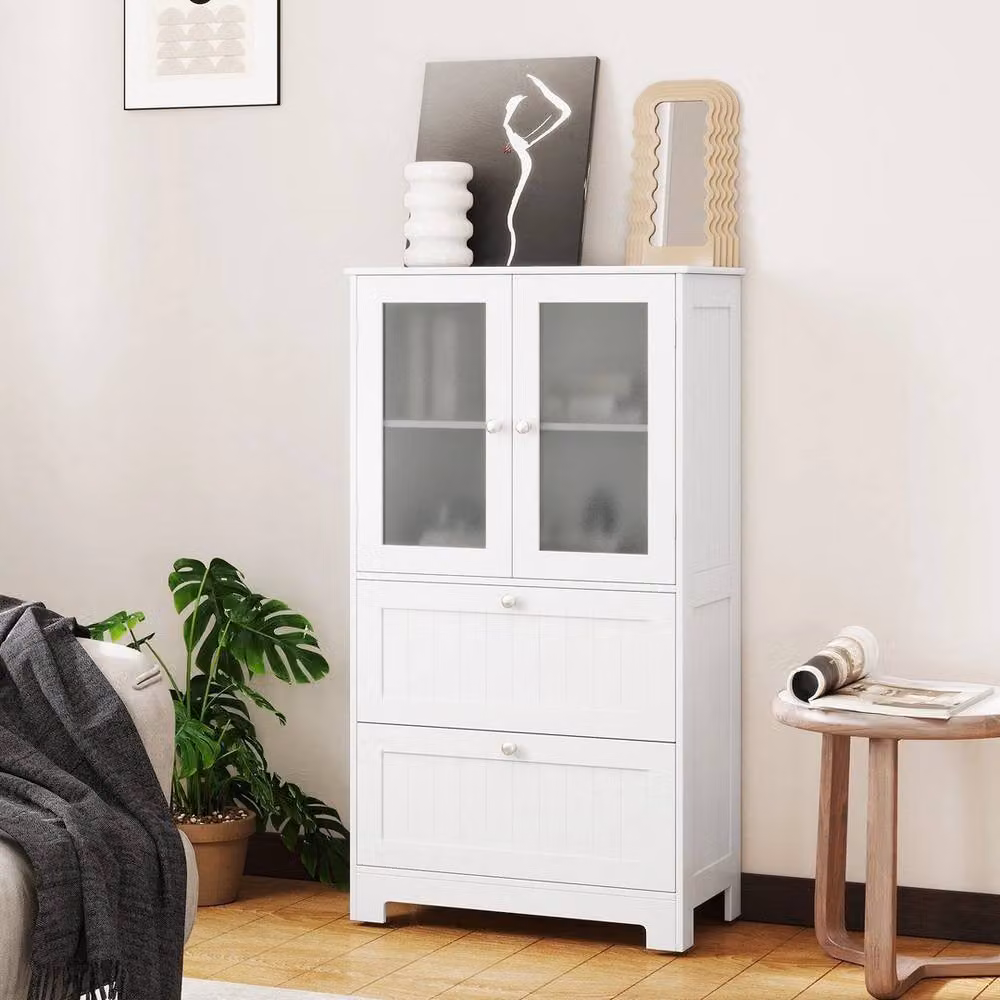 KORVIXA Freestanding White Bathroom Storage Cabinet with Glass Doors and Internal Shelves, W: 90 cm, H: 65 cm – 2