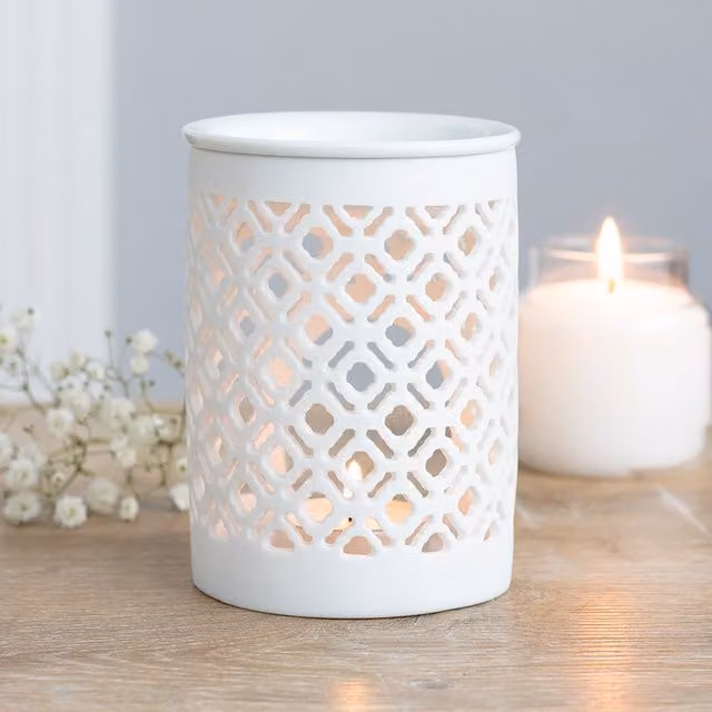 Kingsbury Gifts White Ceramic Lattice Cut Geometric Round Tabletop Tealight Oil Burner