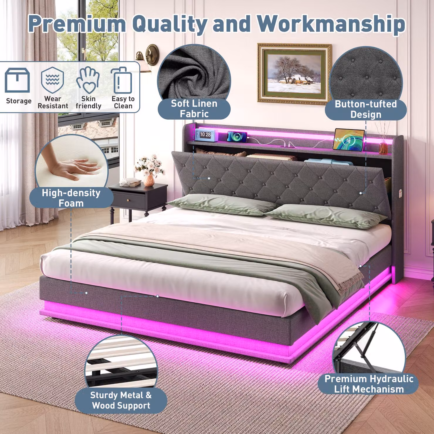 Aosom UK Double Upholstered Bed Frame with Hydraulic Storage, LED Headboard and USB Charging Station, Grey, L: 203 cm, W: 141 cm, H: 113 cm – 7