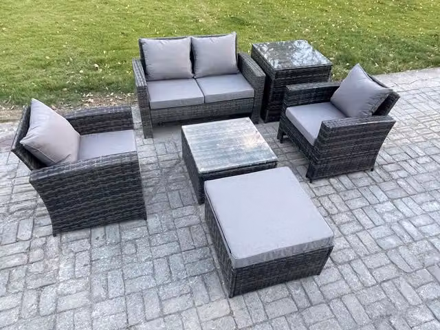 Fimous 6 Piece Outdoor Lounge Sofa Set with Armchairs and Square Coffee Table in Dark Grey Rattan and Powder Coated Steel