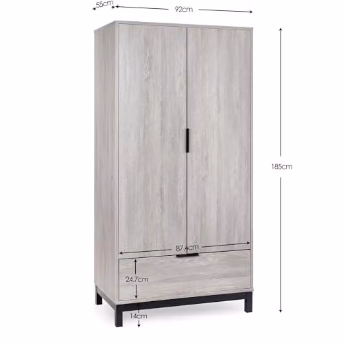 Julian Bowen Bali 2 Door 1 Drawer Wardrobe in Grey and Black, H 185 x W 92 x D 55 cm – 2