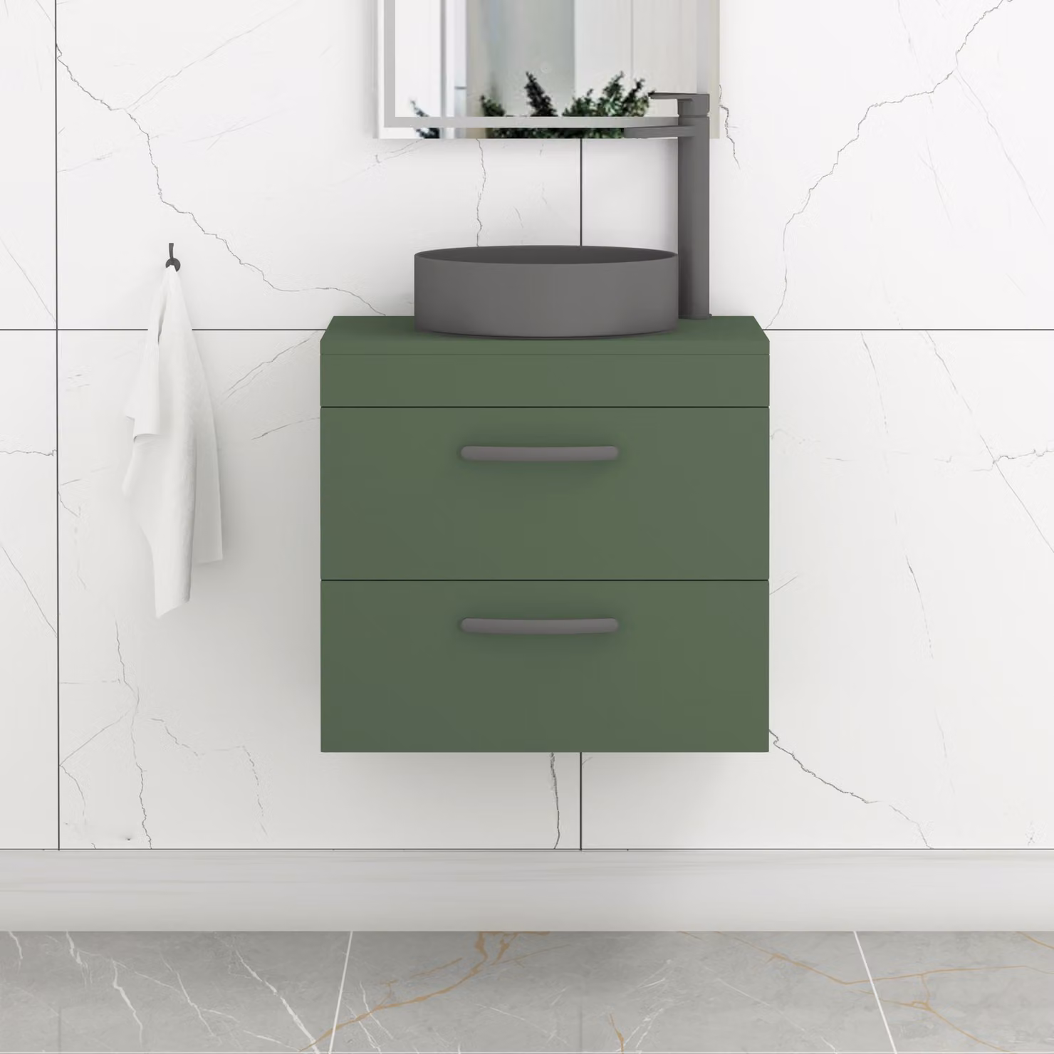 Royal Bathrooms Turin Wall Hung Vanity Unit with 2 Drawers and Art Round Countertop Basin, Matt Green