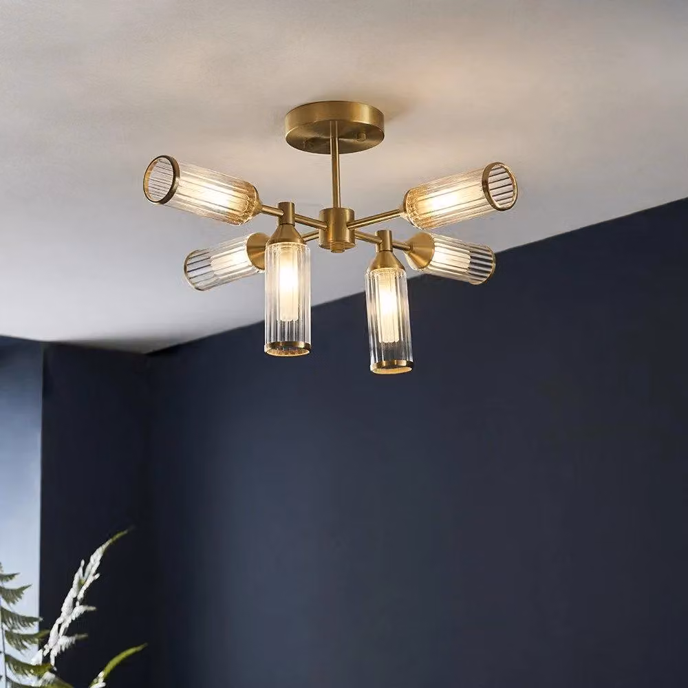 Netlighting TRIESTE Dimmable 6 Light Semi Flush Ceiling Lamp in Yellow and Gold/Brass with Transparent Glass – 2