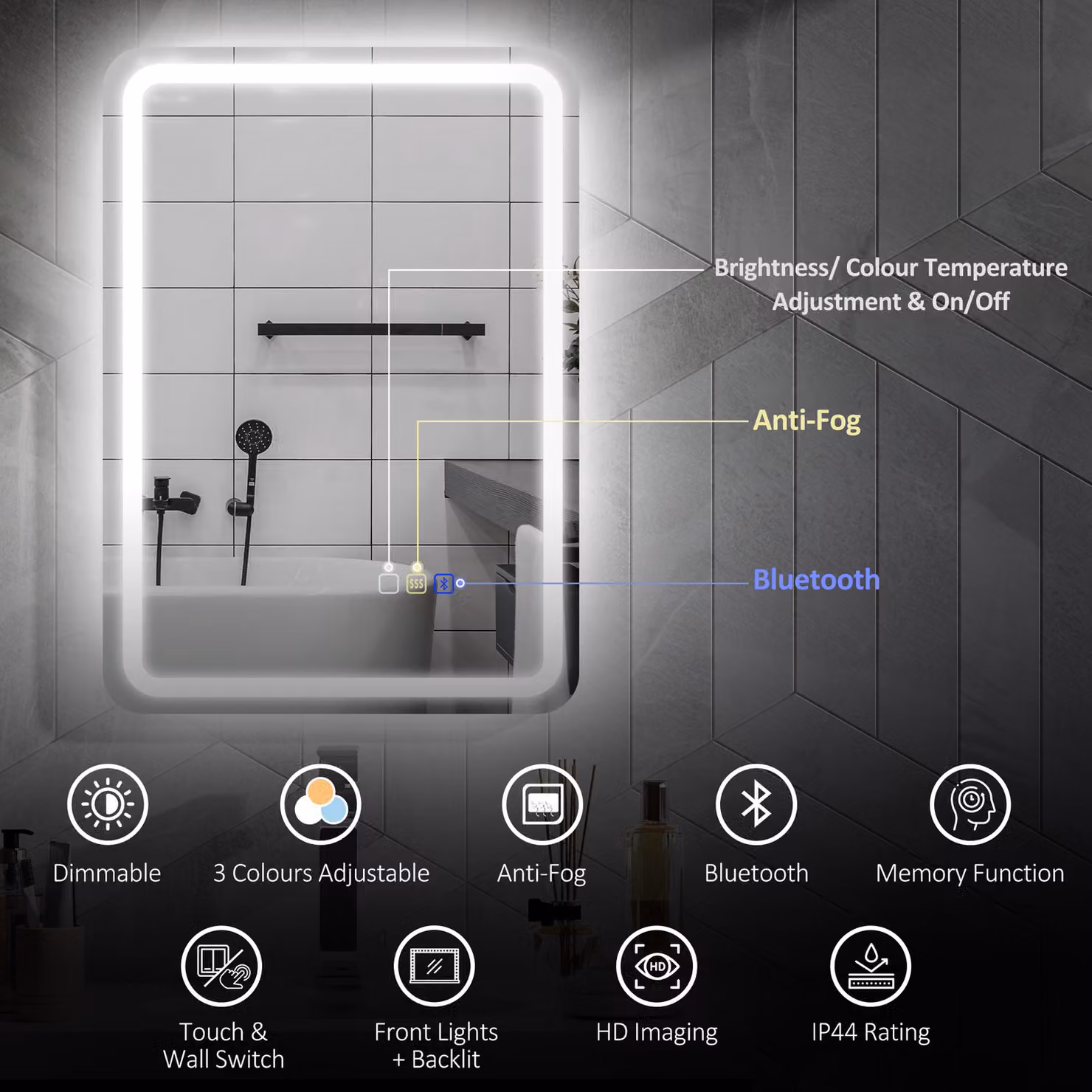 HOMCOM Bluetooth LED Bathroom Mirror with Anti-Fog, Silver Tone, W: 50 cm, H: 70 cm – 4