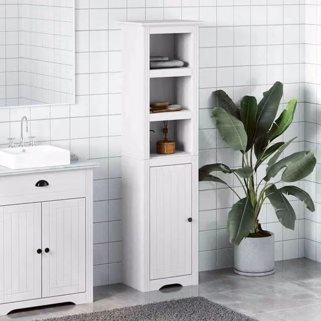 Berkfield Home BODO White Bathroom Cabinet with Hinged Doors and Open Shelf, W/D/H: 44 x 30 x 160 cm