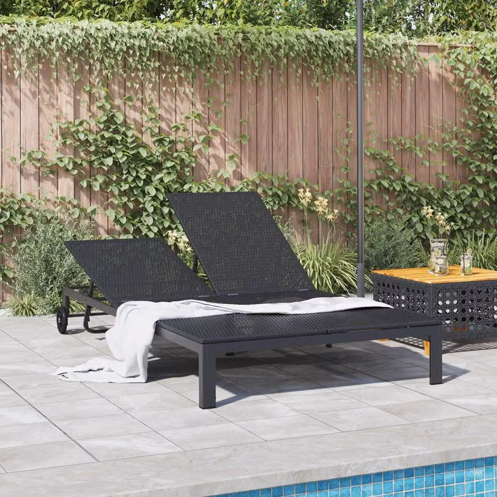 Berkfield Home 2-Person Black Poly Rattan Sunbed with Cushions and Wheels – 2