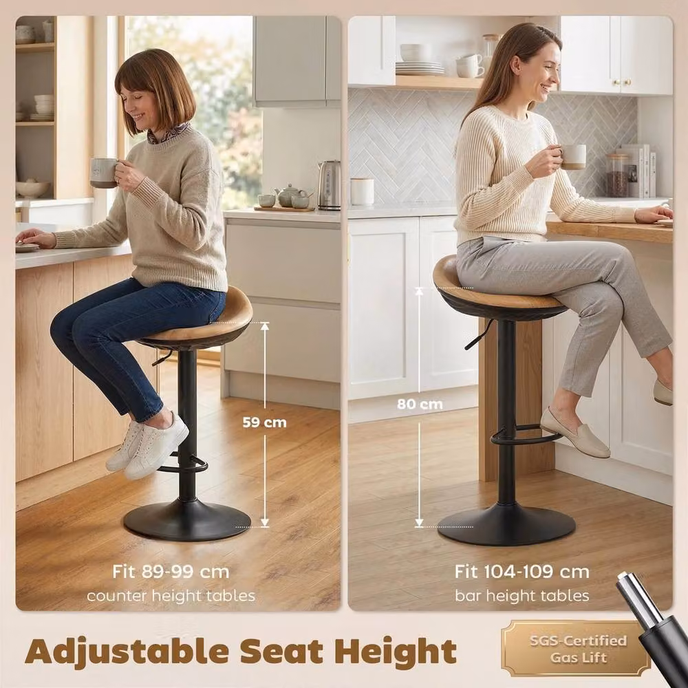 NESTLUNE Set of 2 Brown PU Leather Swivel Breakfast Barstools with Light Oak Finish, H 100 cm x W 80 cm x D 80 cm – 2