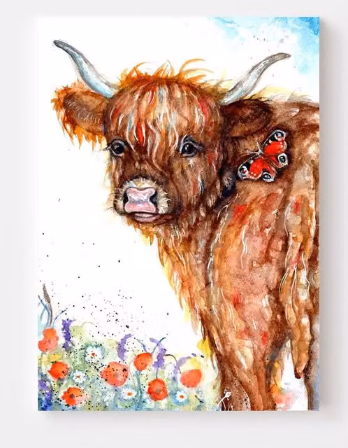 BebesArts Scottish Highland Cow and Butterfly Canvas Art Print, Brown, W: 60.96 cm, H: 40.64 cm