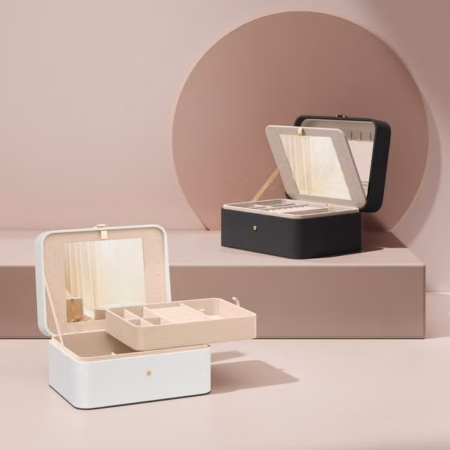 SONGMICS White Fabric Jewellery Box with Mirror and Removable Tray