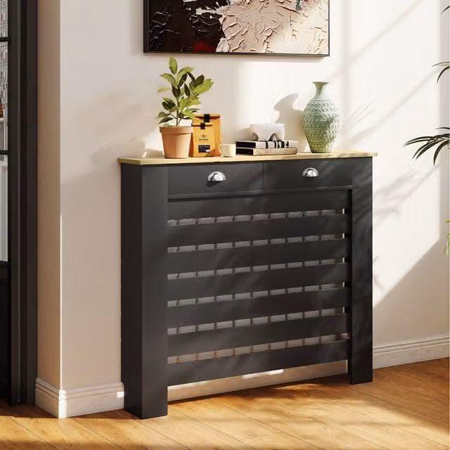 HOMCOM Radiator Cover with Drawer and Horizontal Slatted Grill, Black, Width: 111 cm