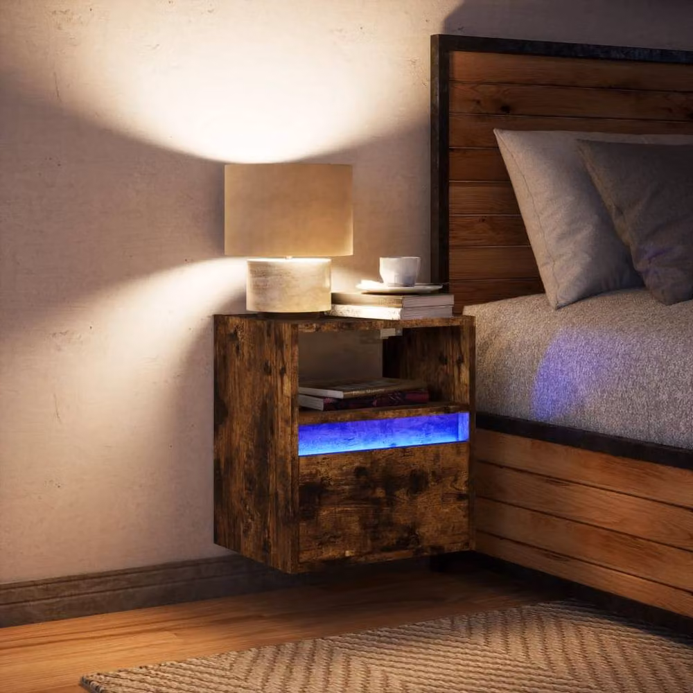 Berkfield Home Wall-mounted Bedside Cabinet with Integrated LED Lights in Smoked Oak Brown – 3