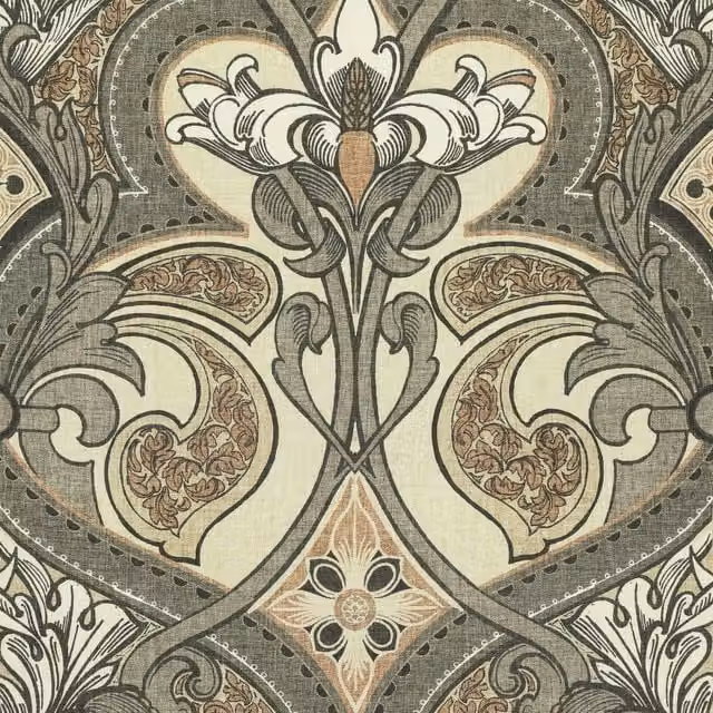 House Llewelyn-Bowen Gwendoline Printed Damask Floral Cotton Fabric in Ashrose, Beige, Brown and Multicolour