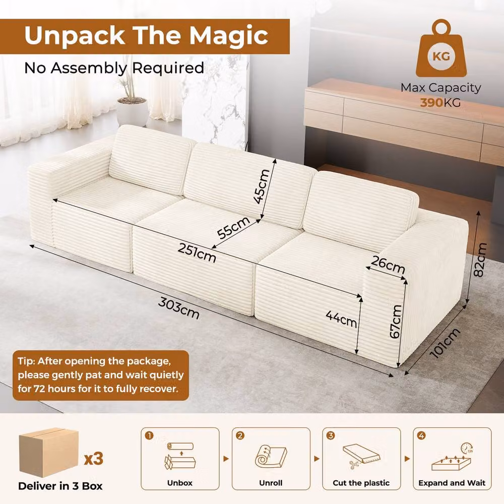 Dprodo Corduroy Modular L-Shape Sofa in Beige with Matching Ottoman and Removable Covers – 2