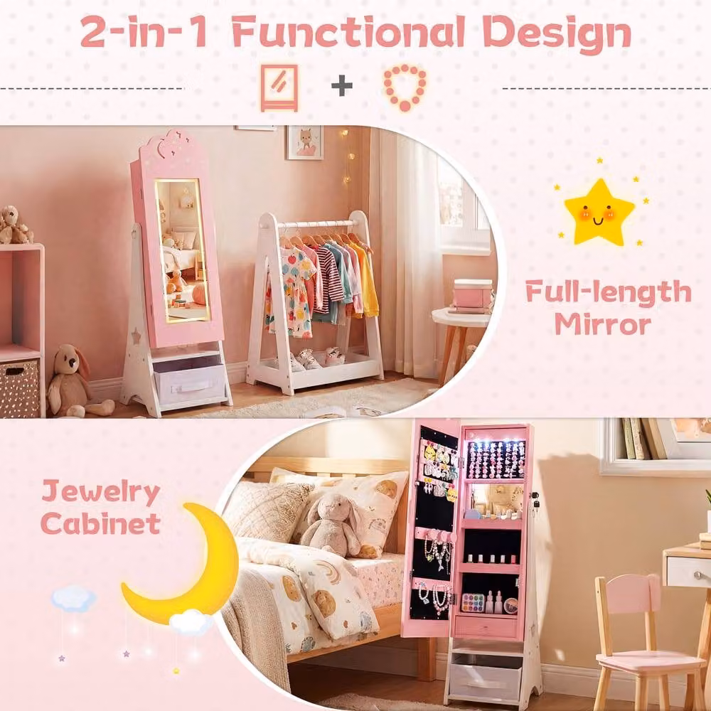 Costway Kids Jewelry Cabinet with LED Lighting and Full-Length Mirror in Pink – 3