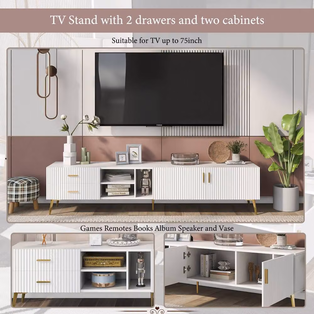 Merax Modern White Fluted TV Stand with Gold Legs, W: 180 cm, D: 41 cm, H: 41 cm – 3