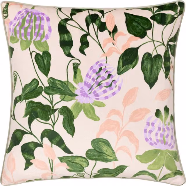 Make it a Home Passiflora Piped Velvet Floral Cushion in Peach and Vine Green with Feather and Polyester Filling