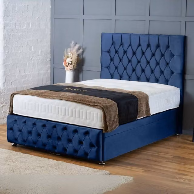 BSSPOKE Mulberry Ottoman Divan Bed in Blue Plush Velvet with 54 inch Headboard, W/D/H: 140 x 200 cm