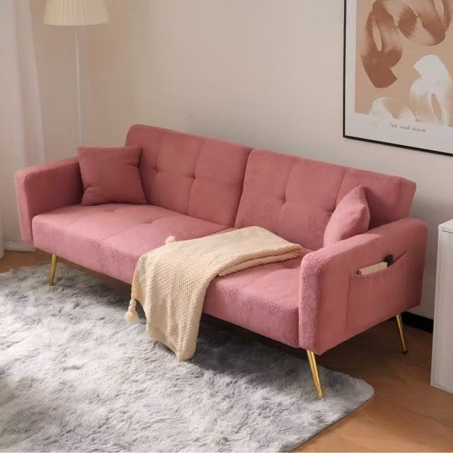 ModernLuxe Pink Bouclé Fabric Click-Clack Sofa Bed with Solid Wood Frame and Scatter Cushions – 1