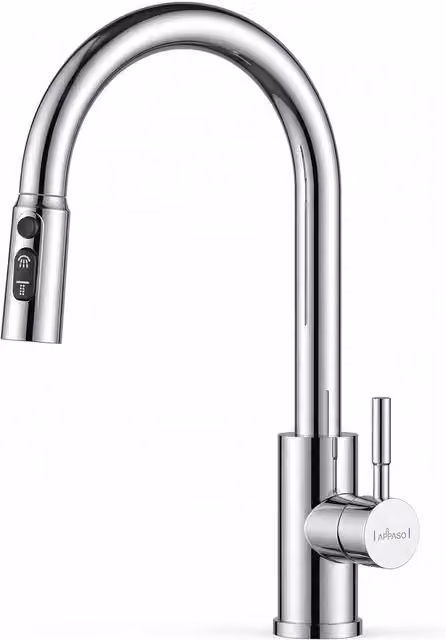 Appaso Chrome Kitchen Mixer Tap with Single Lever and Pull Out Spray Spout in Metallic Silver – 1