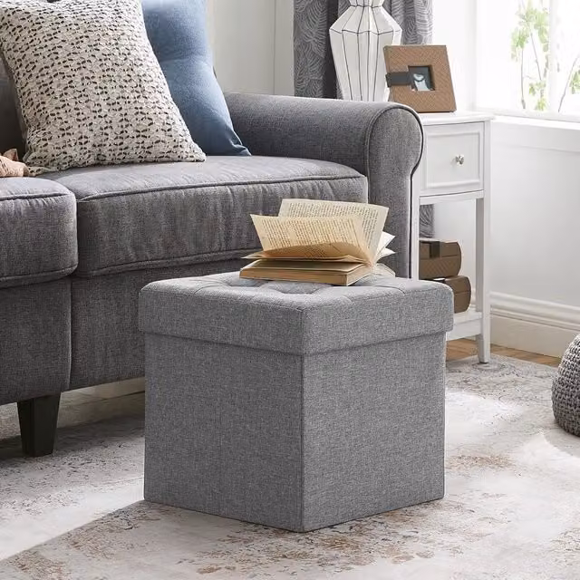 SONGMICS Small Cube Storage Ottoman and Folding Foot Rest in Light Grey – 1