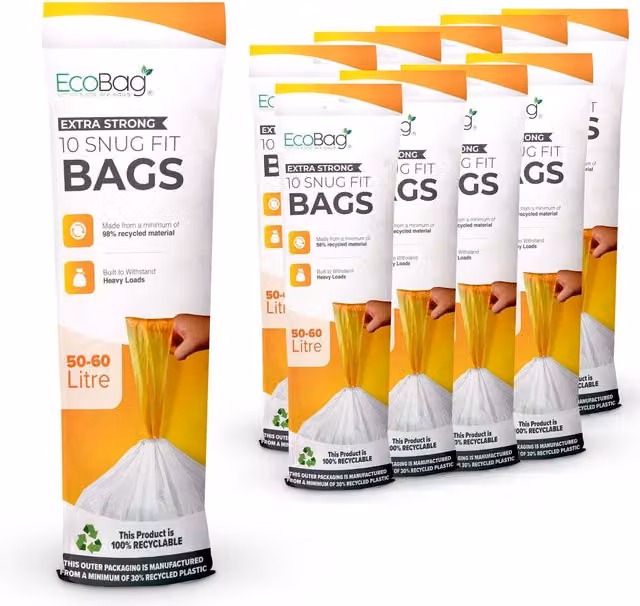 EcoBag White Heavy Duty Drawstring Kitchen Bin Liners, 100 Pack, 50-60L, W: 62.0 cm, H: 81.0 cm