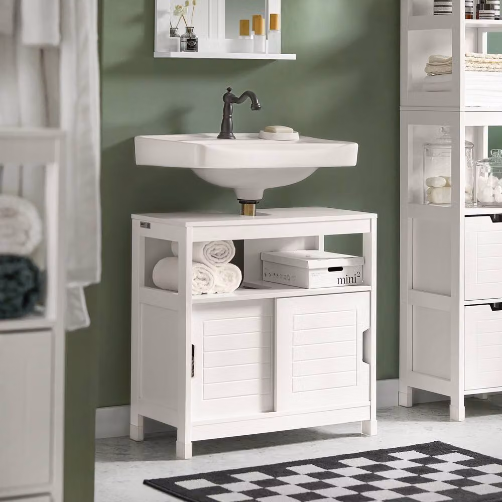 SoBuy White Under Sink Bathroom Cabinet with Sliding Doors and Internal Shelves, W: 60 cm, H: 60 cm – 2